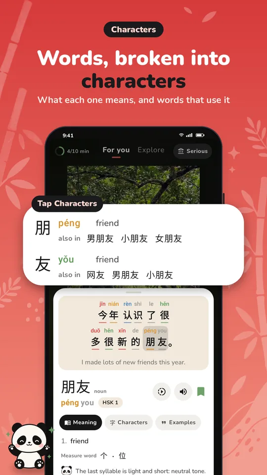 Words broken into characters, with what each one means